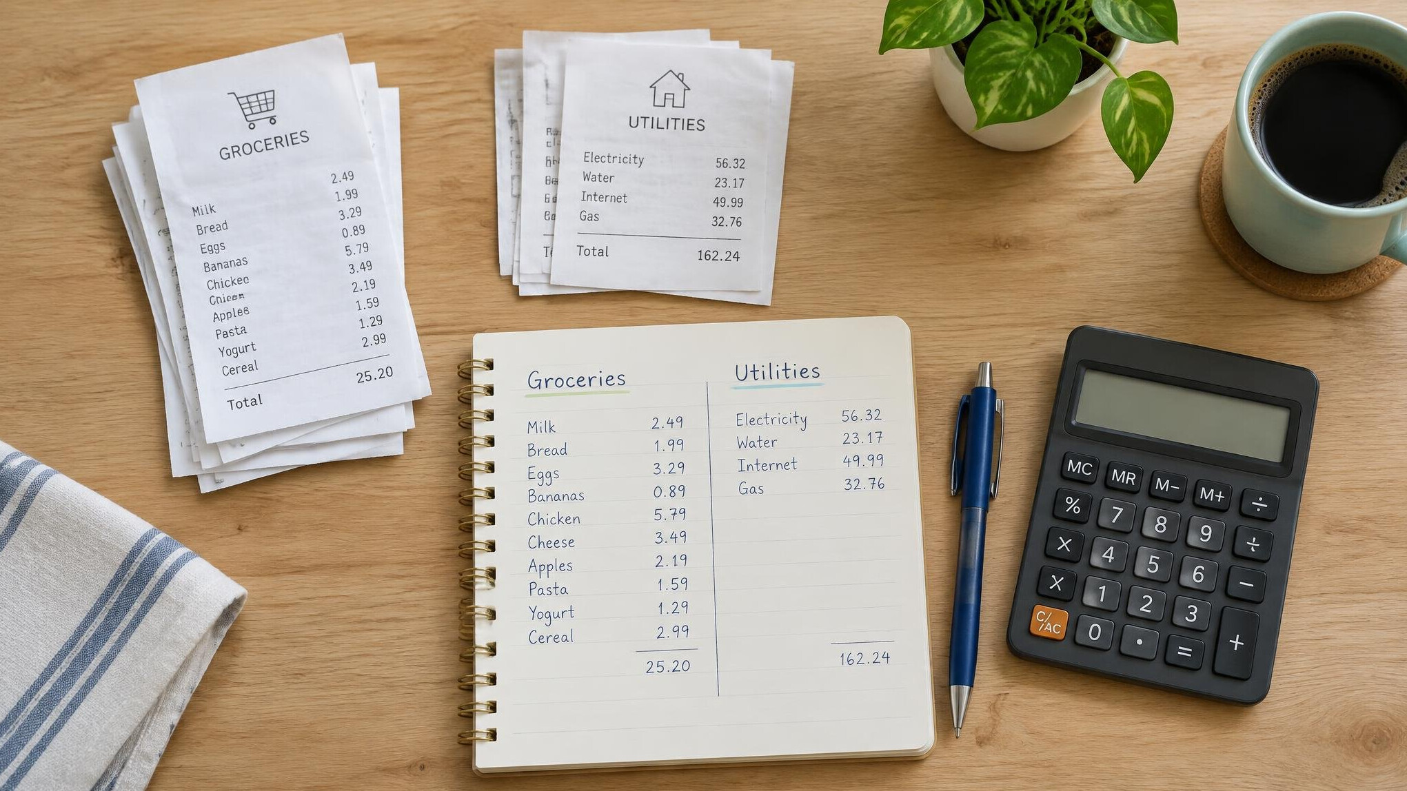 Receipts, a notebook and a calculator laid out on a table for sorting monthly expenses