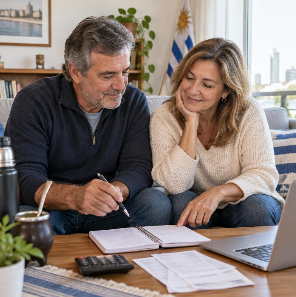 Latin American couple in their late fifties discussing household expenses on a sofa with a notebook