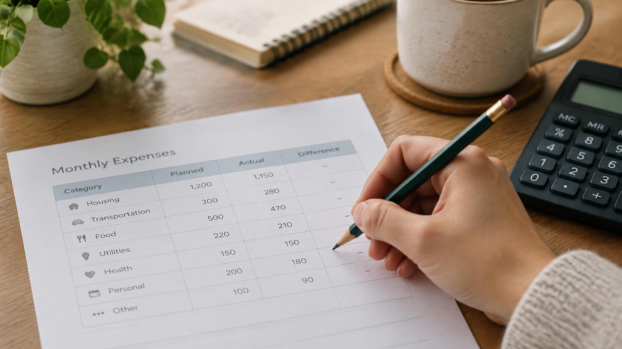 Hand holding a pencil over a monthly expense sheet next to a calculator