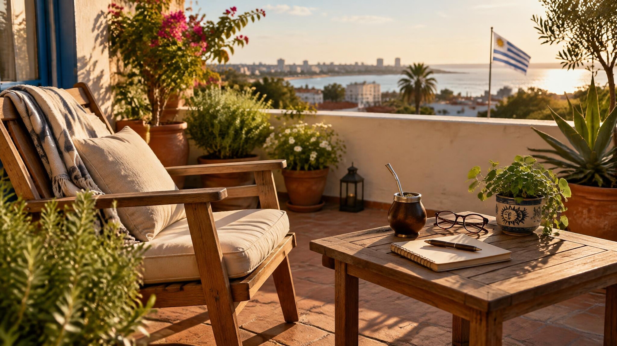 Sunny terrace with a small garden, a chair and a notebook on a side table, calm retirement atmosphere