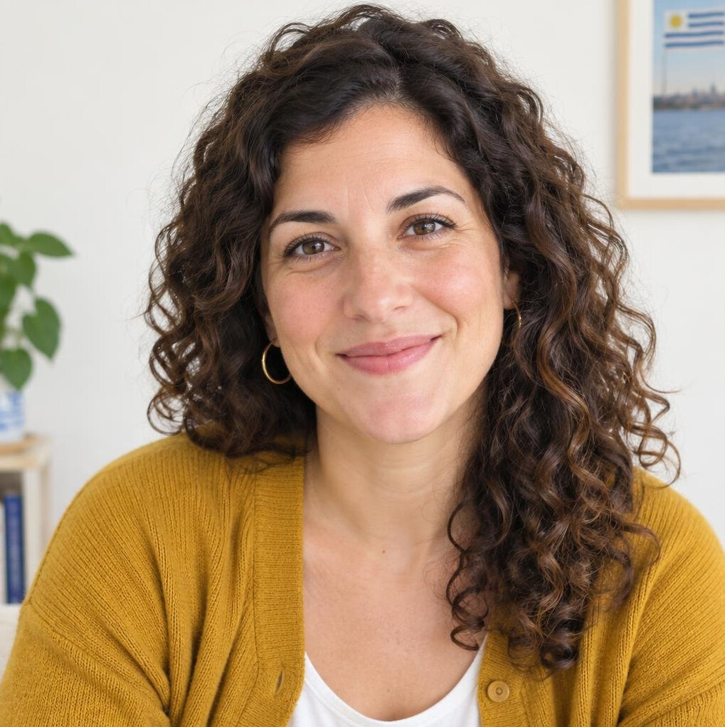 Portrait of a smiling Latin American woman in her thirties with curly brown hair