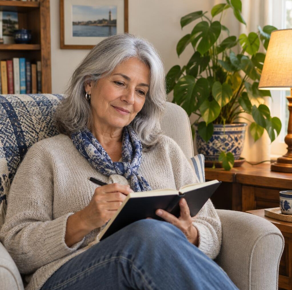 Latin American woman in her sixties reviewing a notebook in a comfortable living room armchair